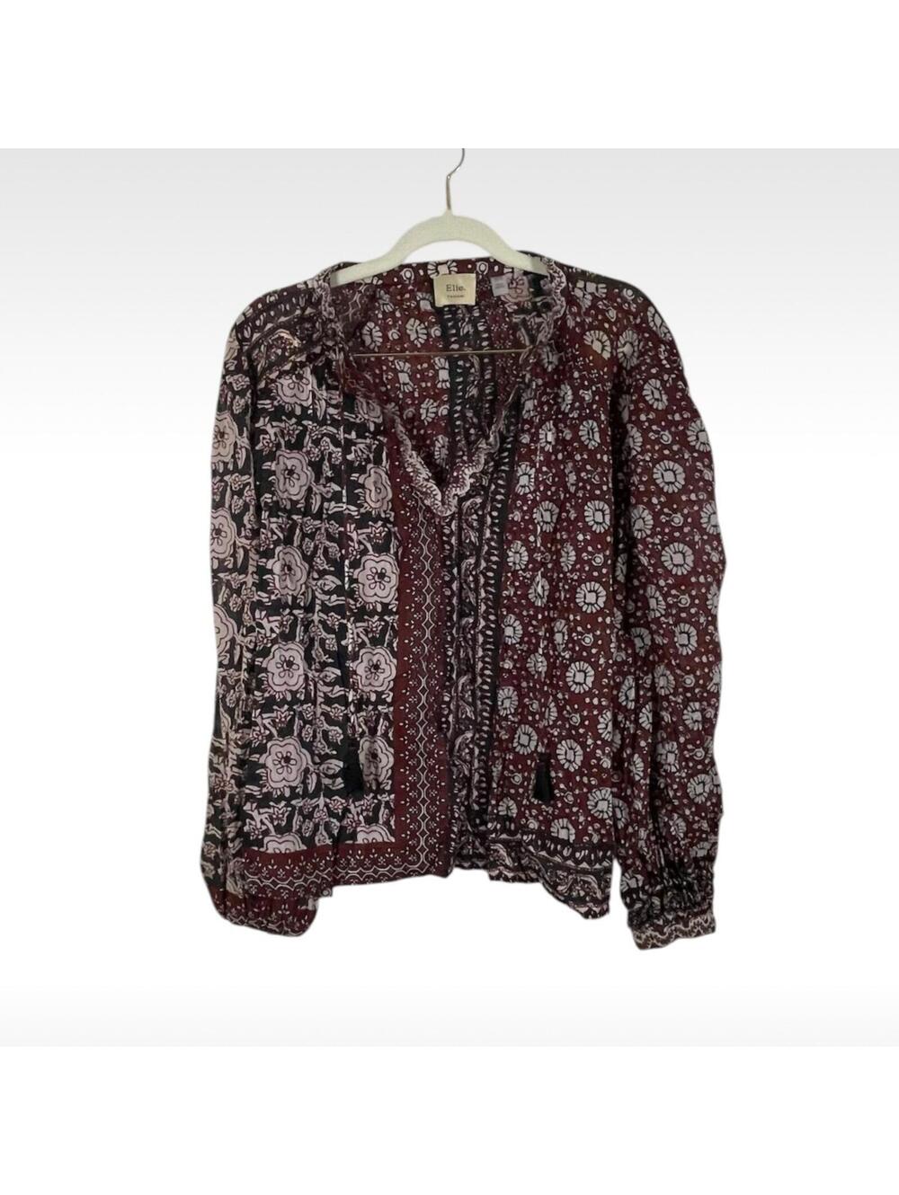 Elie Tahari XL Silk-Like Cotton Voile Patchwork Floral Tassel Blouse - Picture 6 of 7